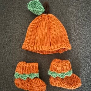 Orange Pumpkin Knit Hat and Booties Set